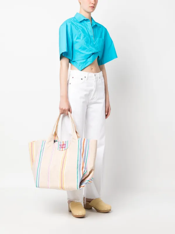 See by Chloe Striped Cotton Tote Bag Neutrals