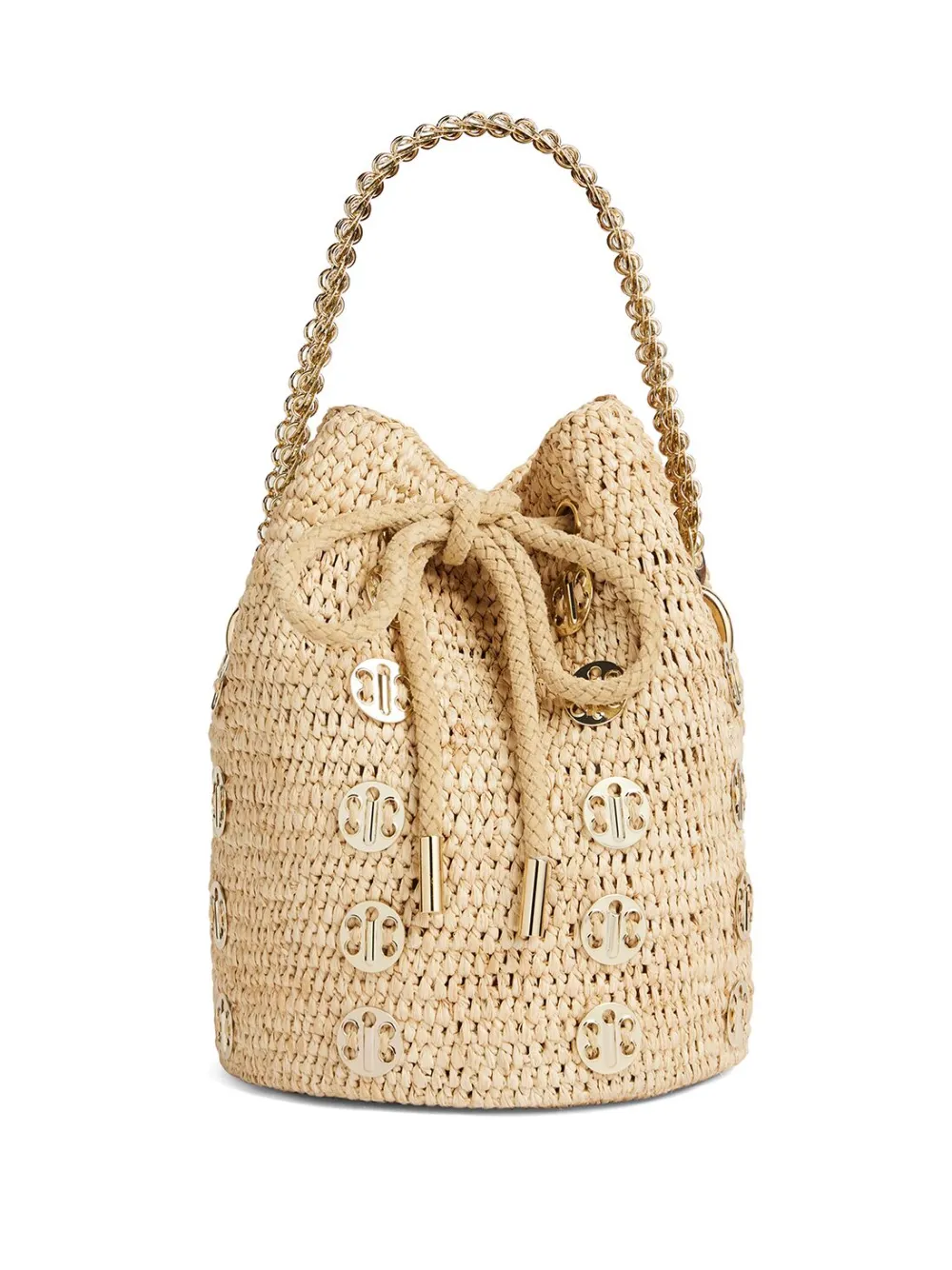 RABANNE 1969 EMBELLISHED RAFFIA BUCKET BAG