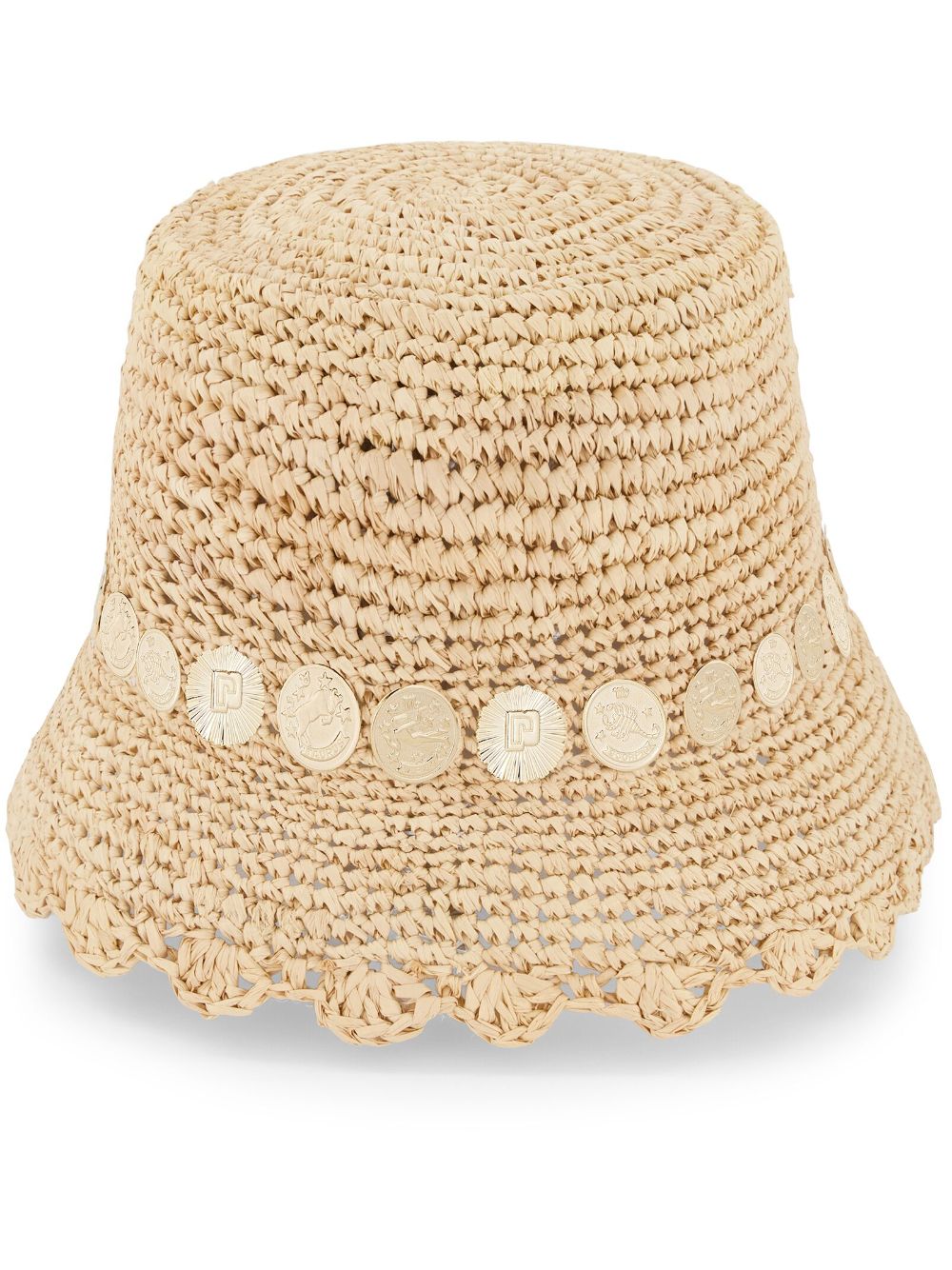 coin-embellished woven hat