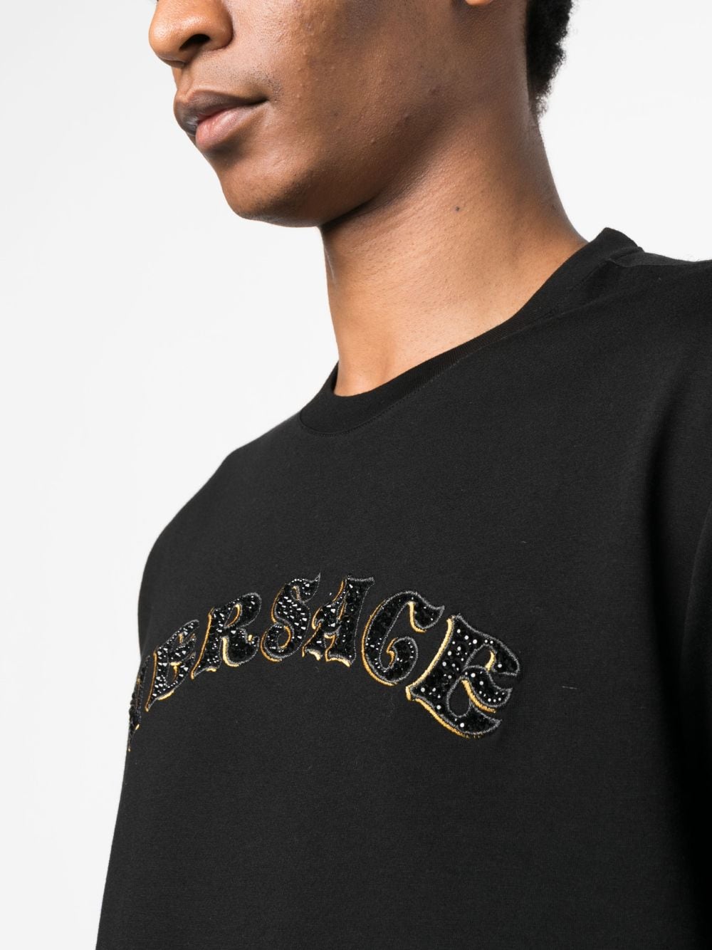 Shop Versace Logo-embroidered Cotton T-shirt In Black