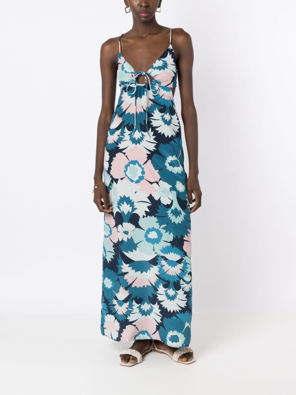 Shop Adriana Degreas Floral-print Silk Dress In Blue