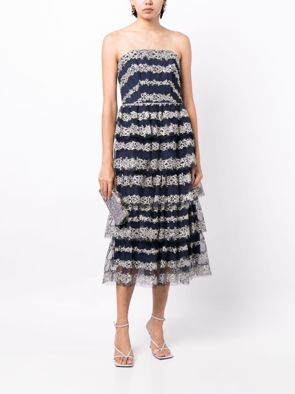Shop Marchesa Notte Motif-embroidered Tiered Midi Dress In Blue