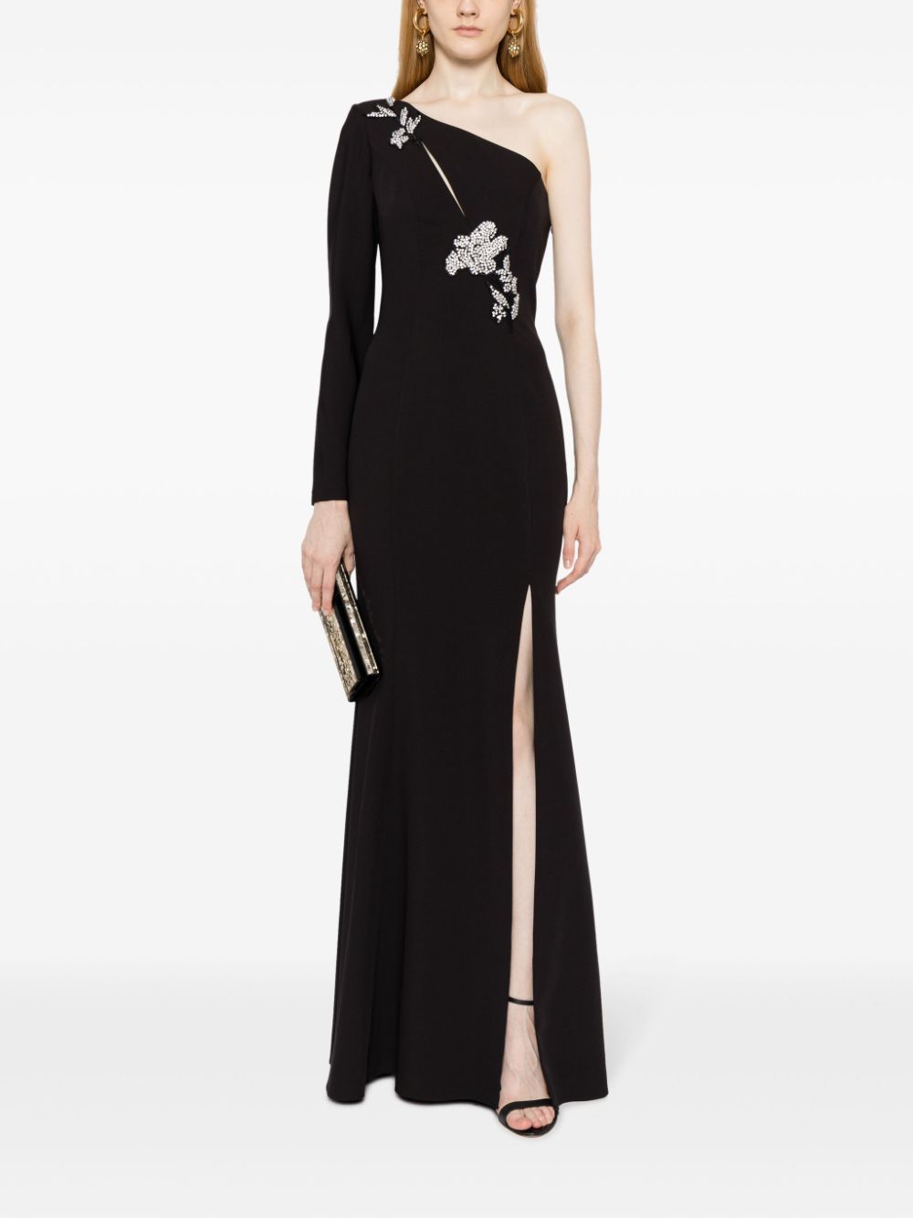 Marchesa Notte floral-appliqué asymmetric gown - Zwart