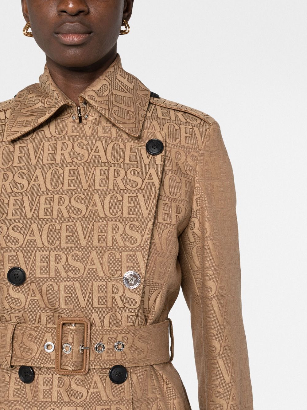 Shop Versace Allover-jacquard Trench Coat In Brown