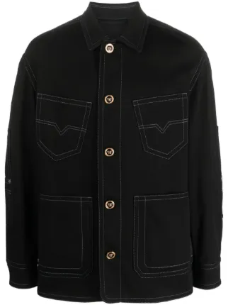 Black denim jacket store with contrast stitching