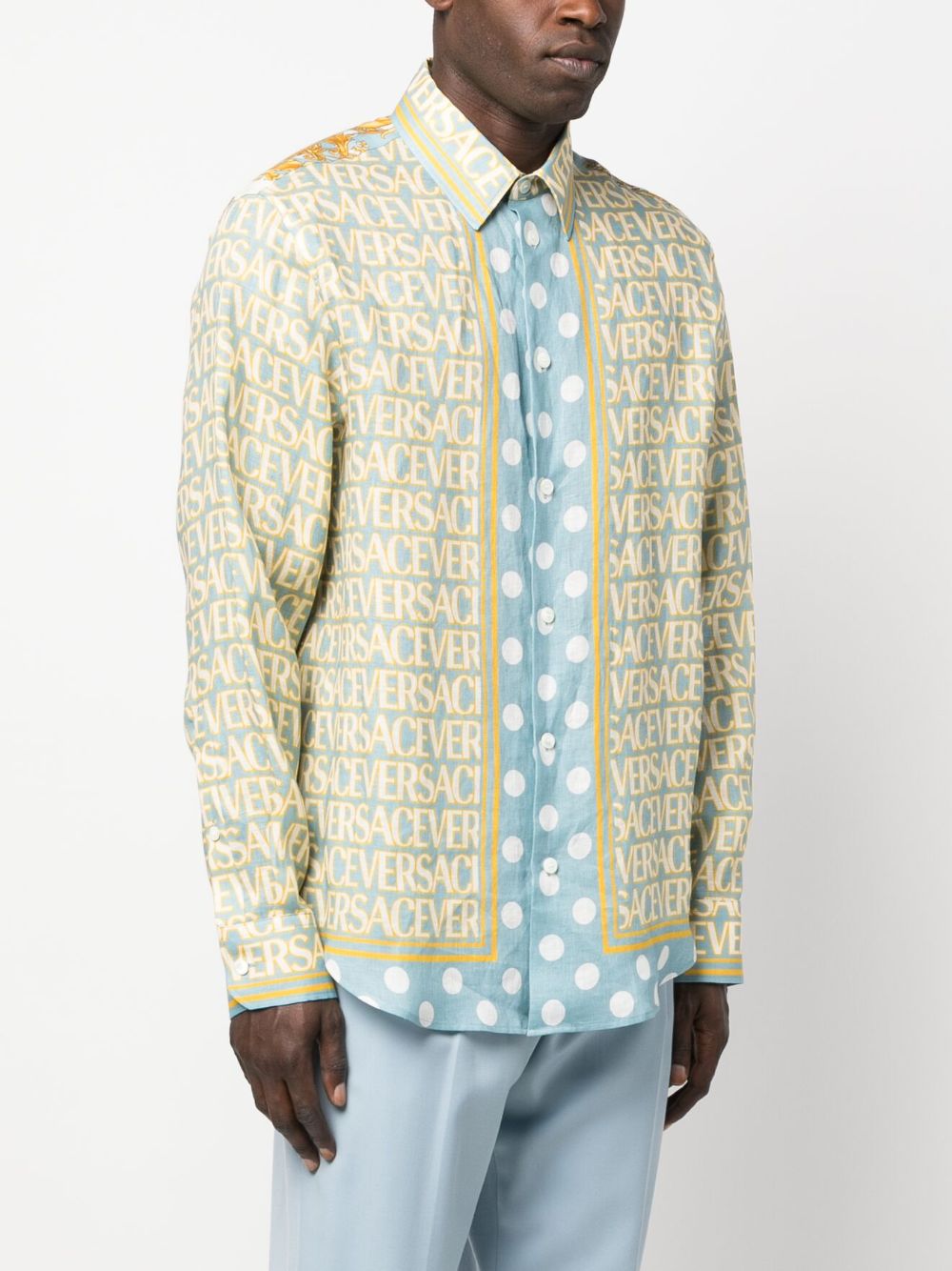 Shop Versace Allover Linen Shirt In Yellow