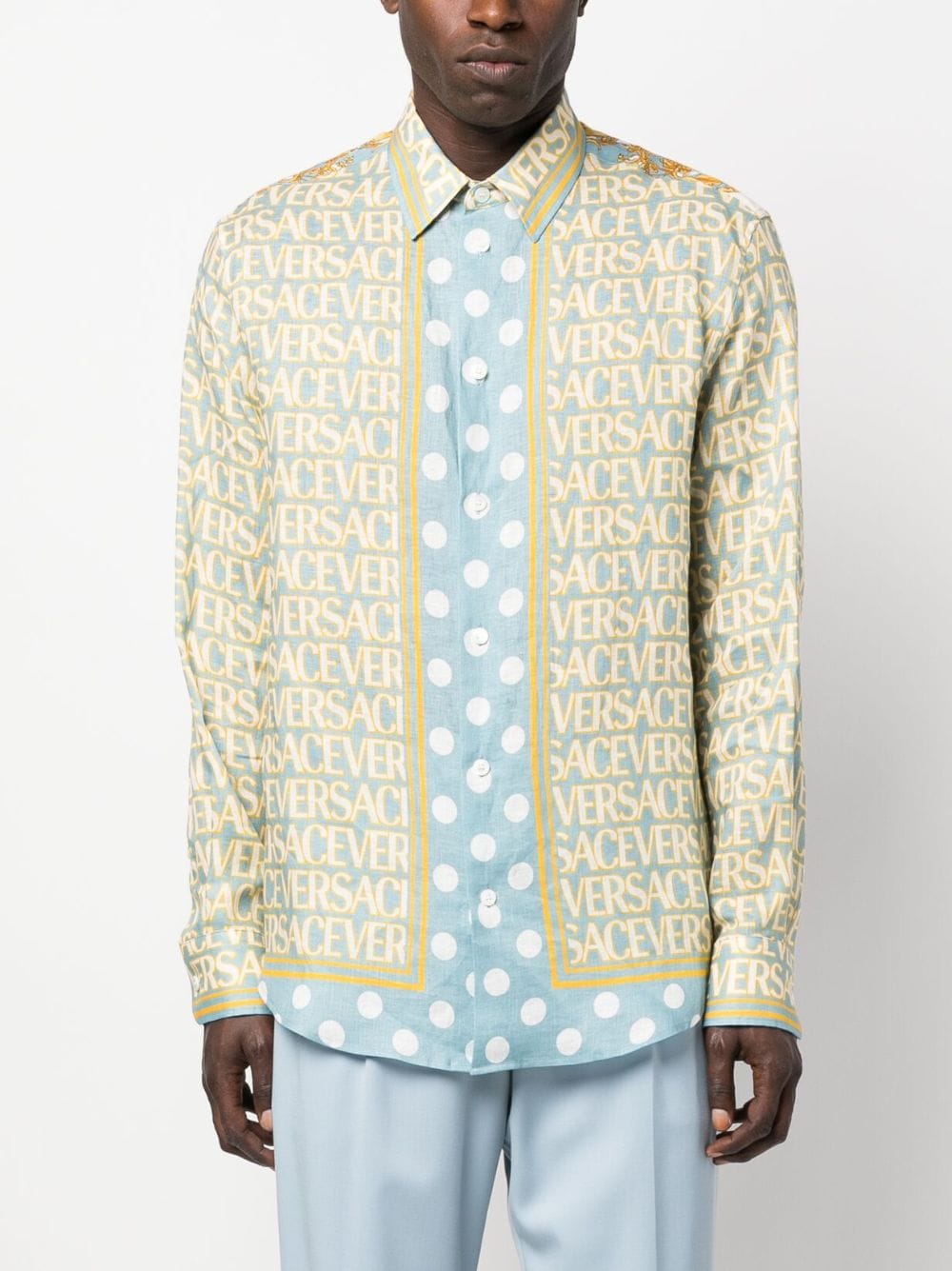 Shop Versace Allover Linen Shirt In Yellow