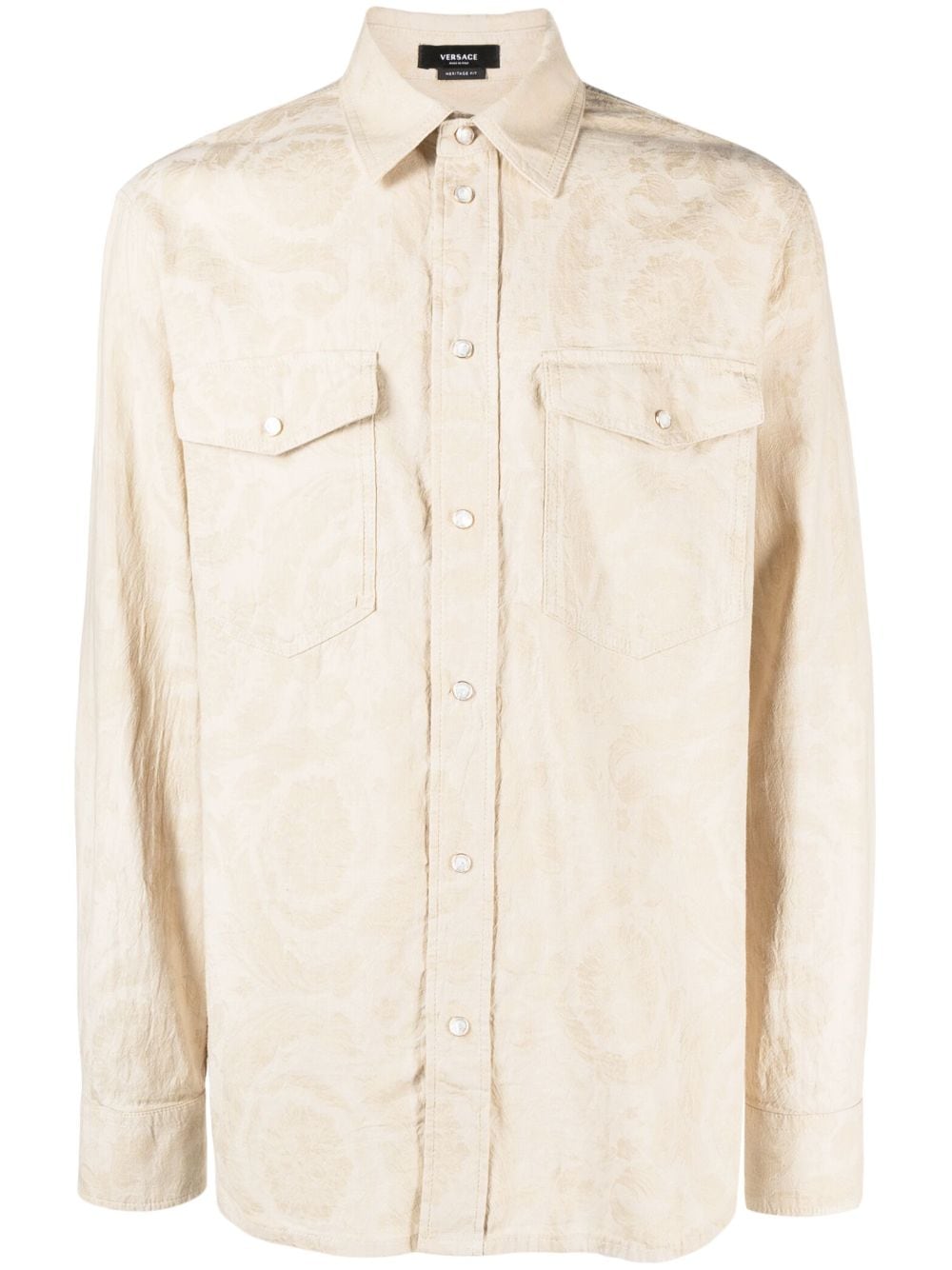 Shop Versace Barocco Silhouette Chambray Shirt In Neutrals