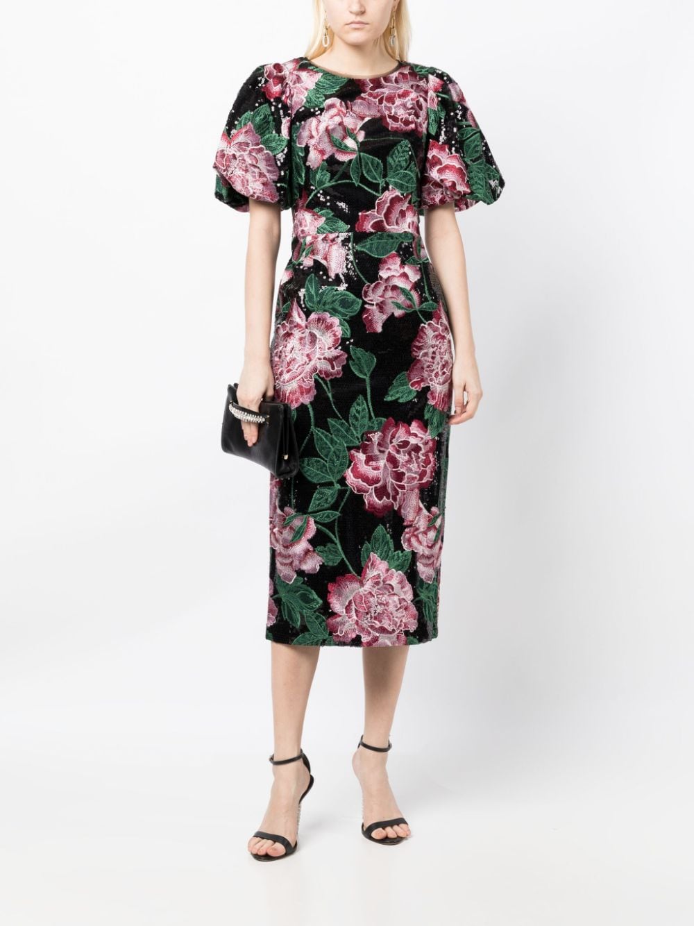 Shop Marchesa Notte Floral-embroidery Round-neck Midi Dress In Black