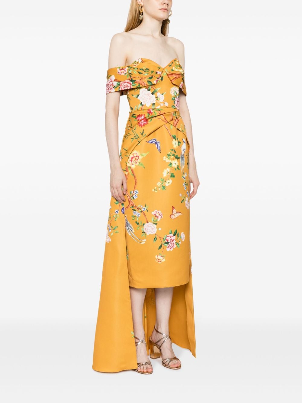 Shop Marchesa Notte Paradise Floral-print Midi Dress In Yellow