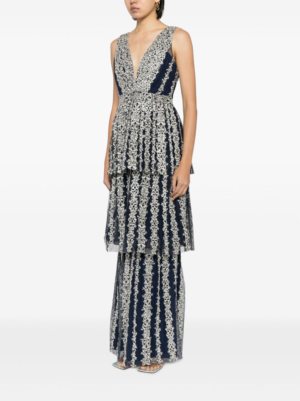 Shop Marchesa Notte Filigree-embroidered Tiered Tulle Gown In Blue