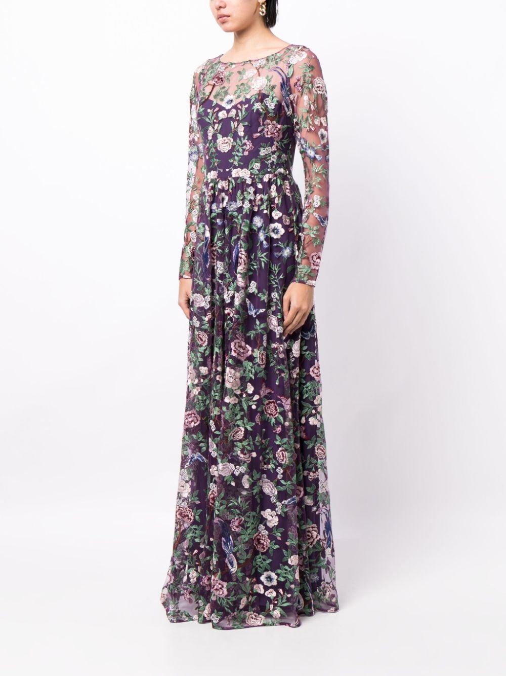 Shop Marchesa Notte Botanical-embroidery Sheer-overlay Gown In Purple