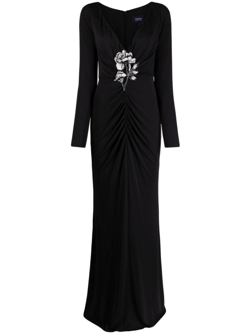 Marchesa Notte Floral-appliqué Ruched Gown In Black