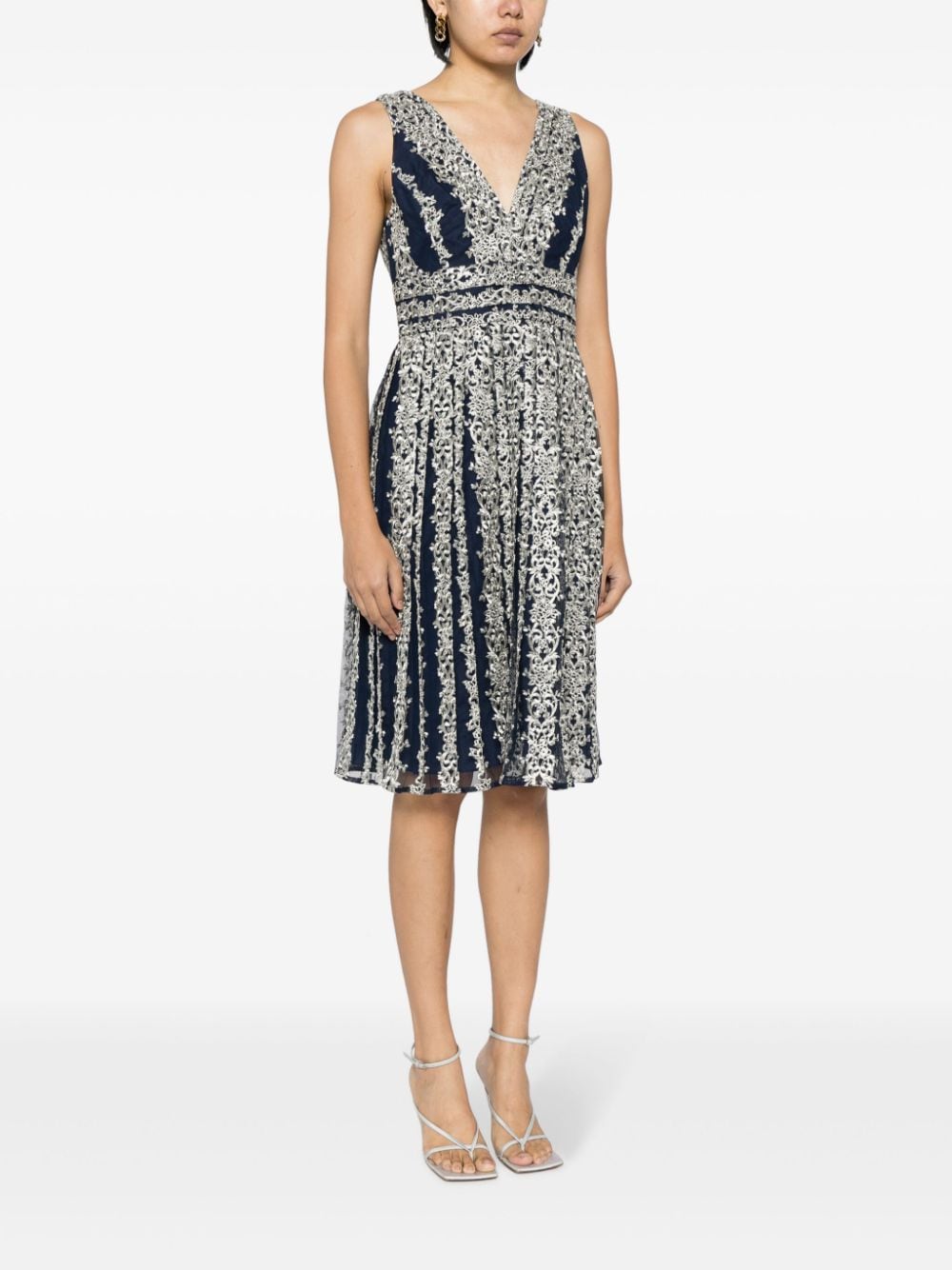 Shop Marchesa Notte Filigree-embroidered Tulle Midi Dress In Blue