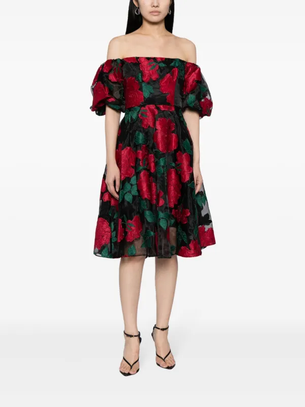 Marchesa Notte Claude floral-appliqué Midi Dress Black FARFETCH EG