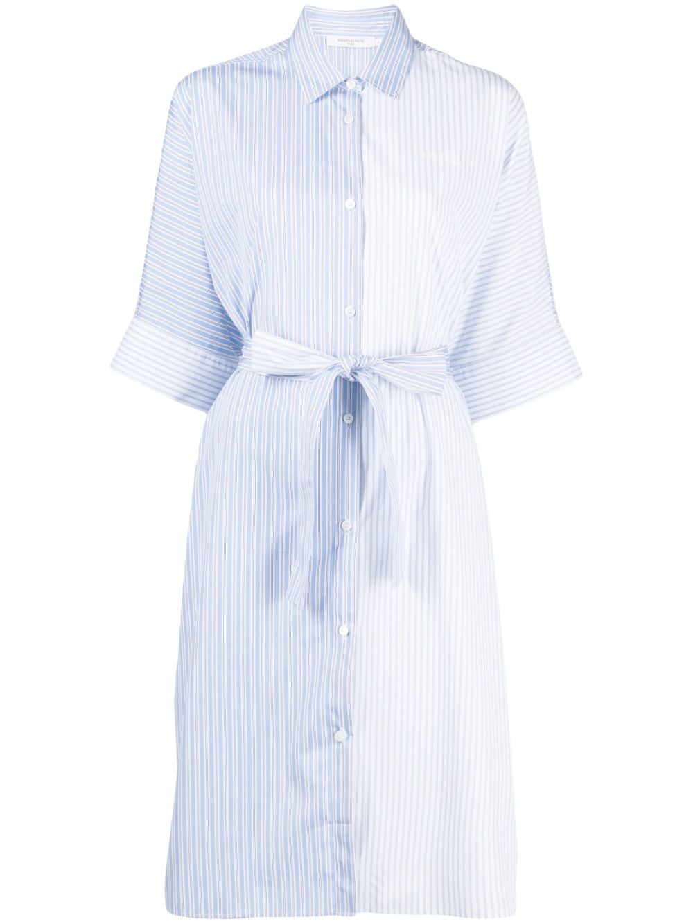 Maison Kitsuné Belted Colourblocking Stripe Boxy Shirt Dress In Blue