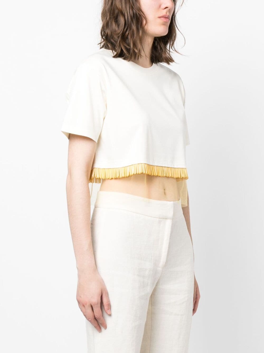 Shop Lanvin Fringed Cropped T-shirt In Nude