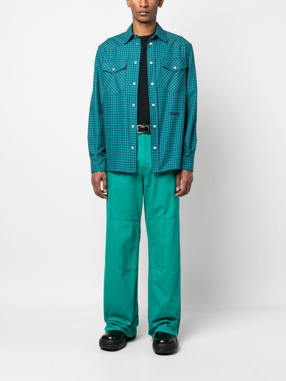Versace logo-embroidered checked shirt - Groen