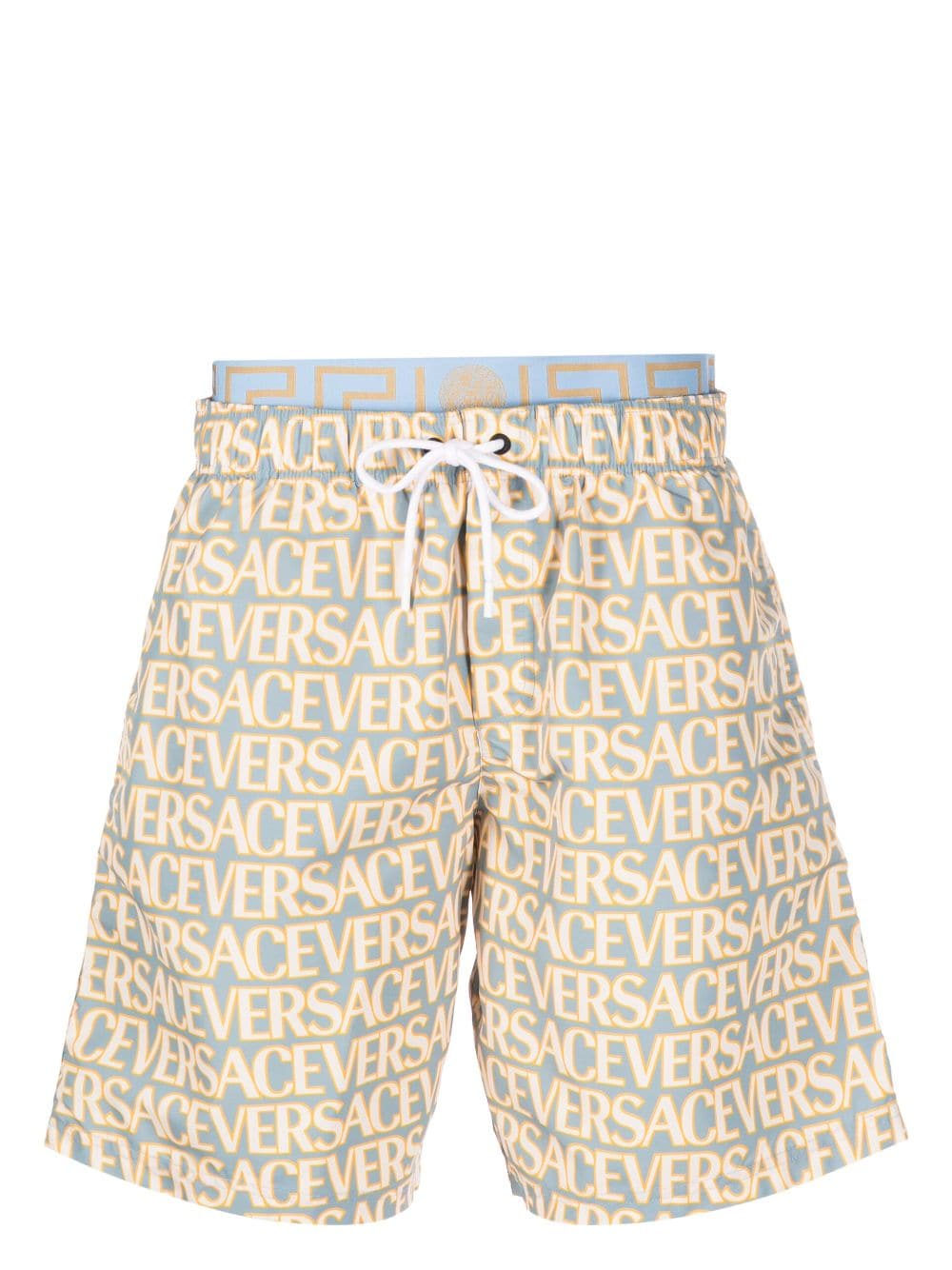 Shop Versace Allover Swim Shorts In Blue