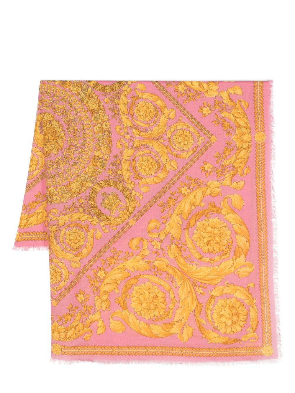 Versace Barocco-print Frayed Scarf In Pink