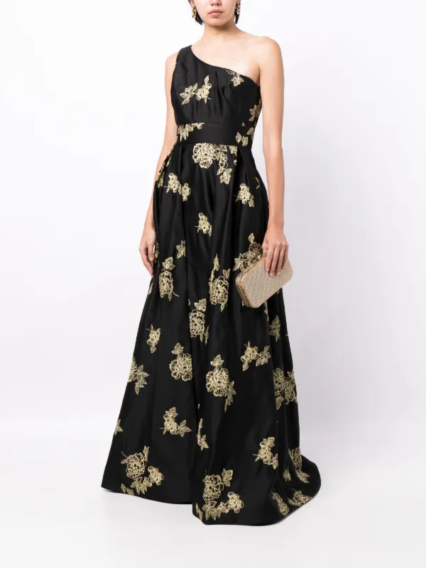 Marchesa Notte floral-embroidered one-shoulder Gown | Black