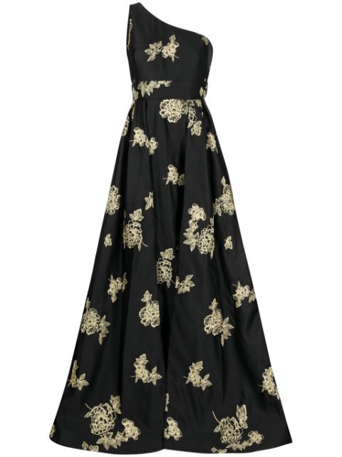 Marchesa Notte floral-embroidered one-shoulder gown
