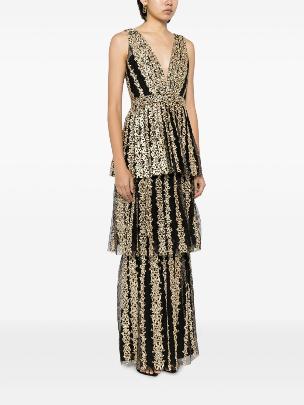 Shop Marchesa Notte Filigree-embroidered Tiered Tulle Gown In Black