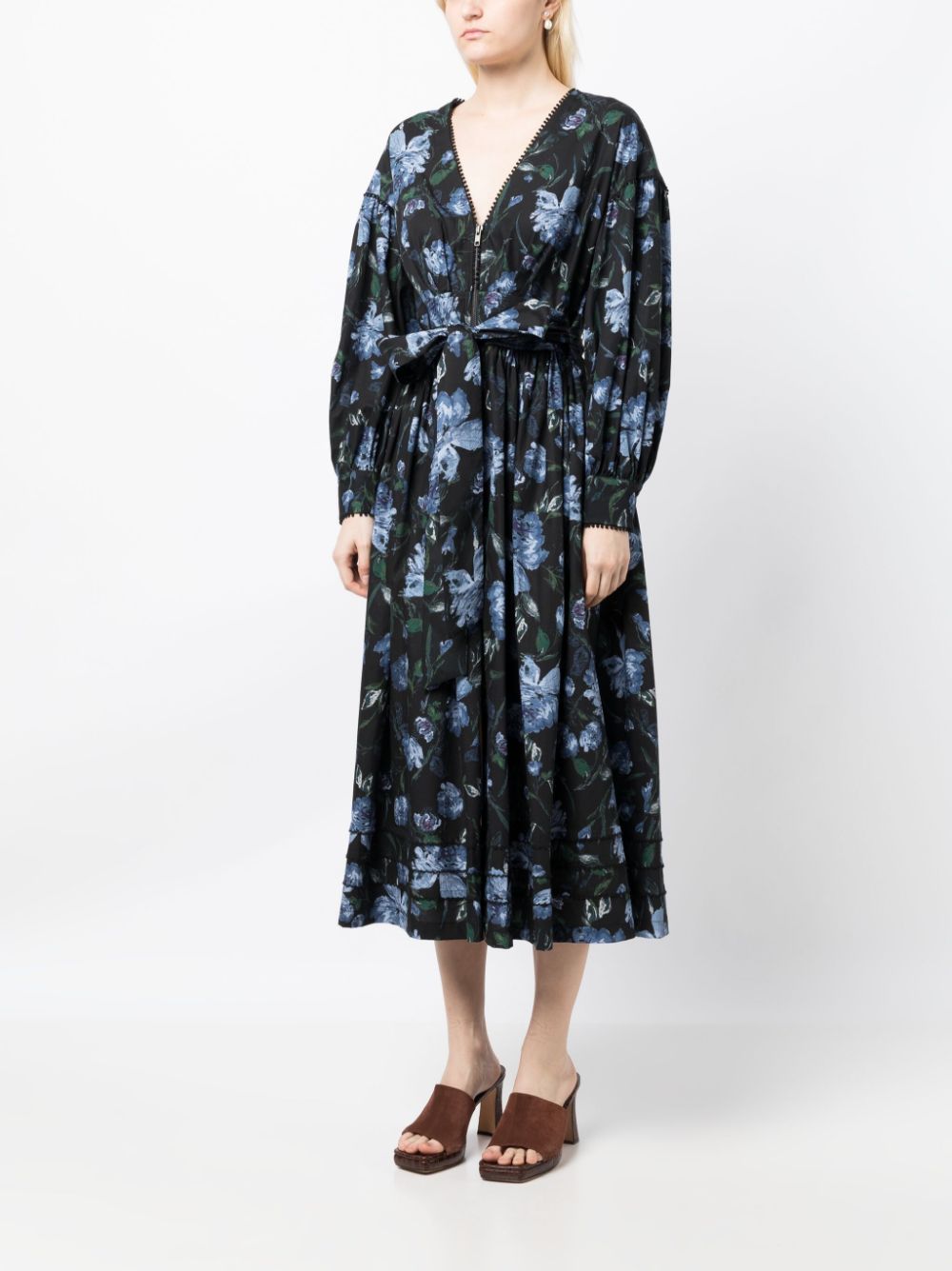 Shop Marchesa Rosa Indigo Printed Cotton Midi Dress In Black