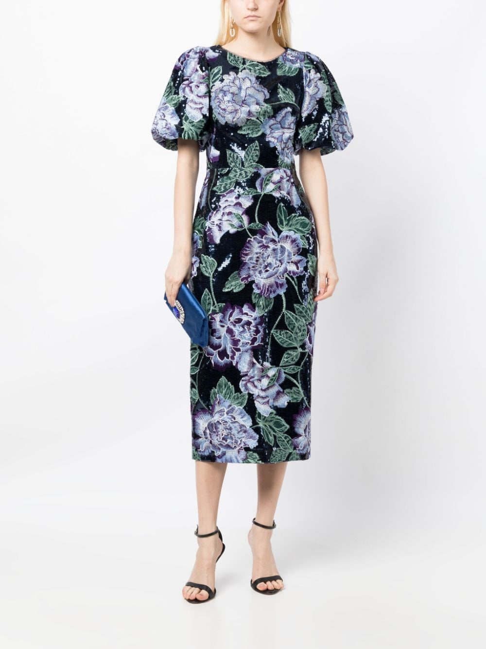 Shop Marchesa Notte Floral-embroidery Round-neck Midi Dress In Blue