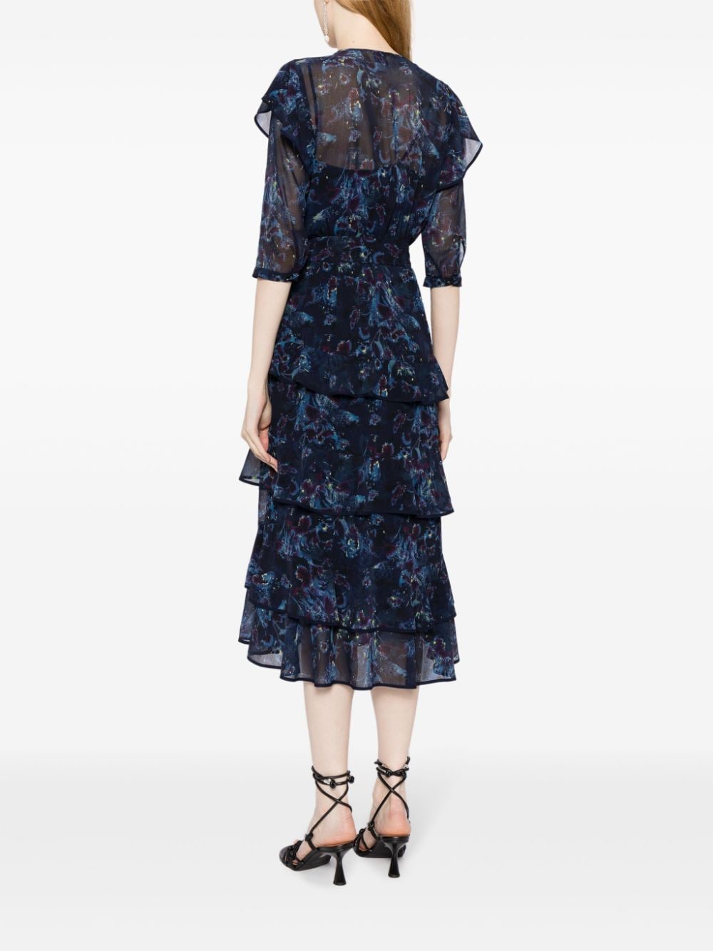 Shop Marchesa Rosa Aster Abstract-pattern Ruffled Dress In Blue