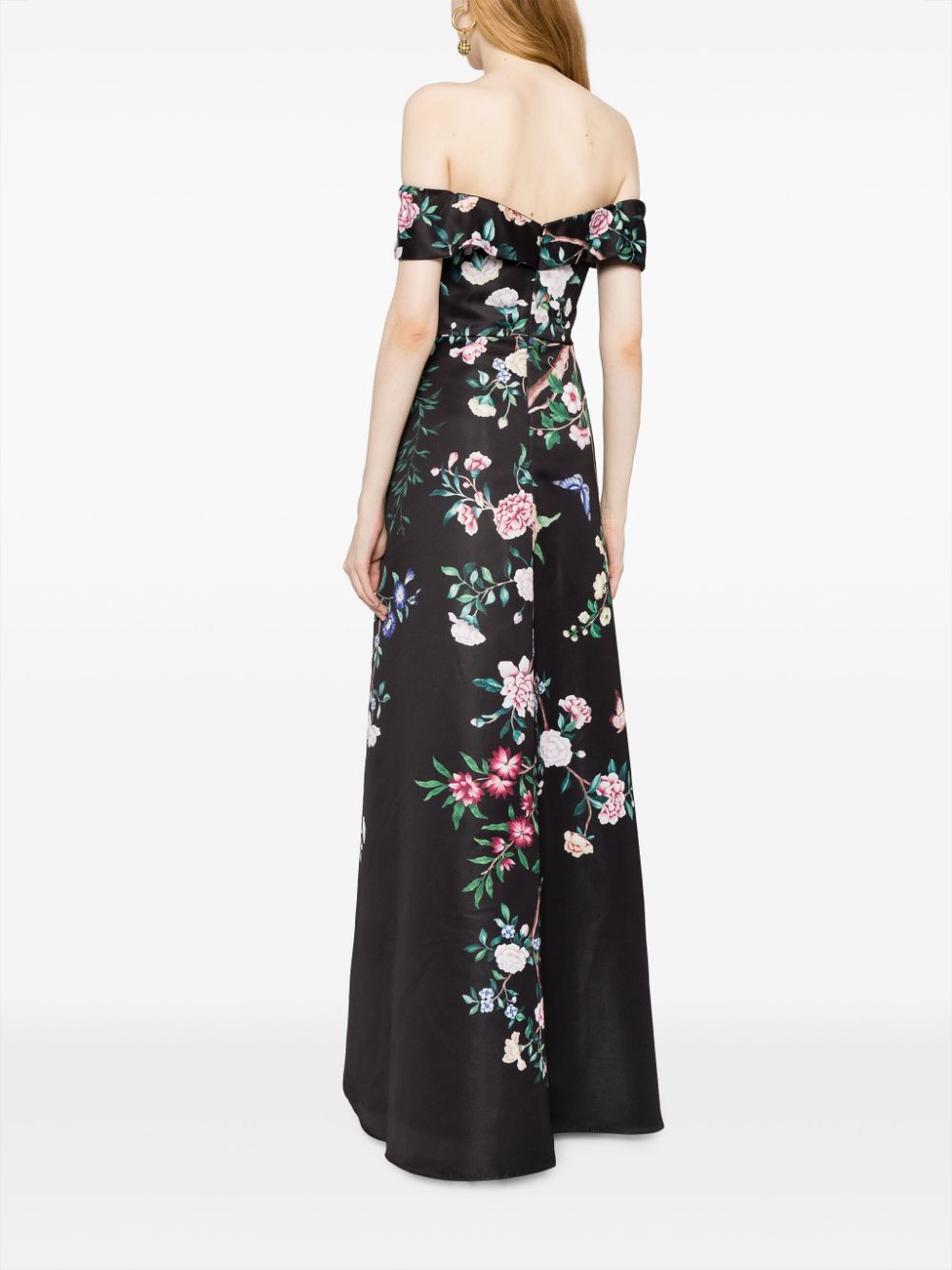 Shop Marchesa Notte Paradise Floral-print Off-shoulder Dress In Black
