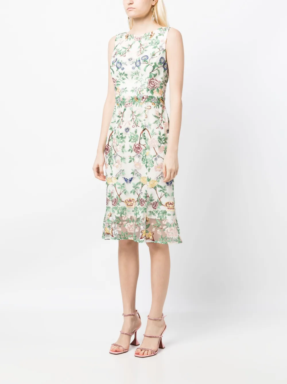 Marchesa Notte Midi-jurk met geborduurde bloemen Beige