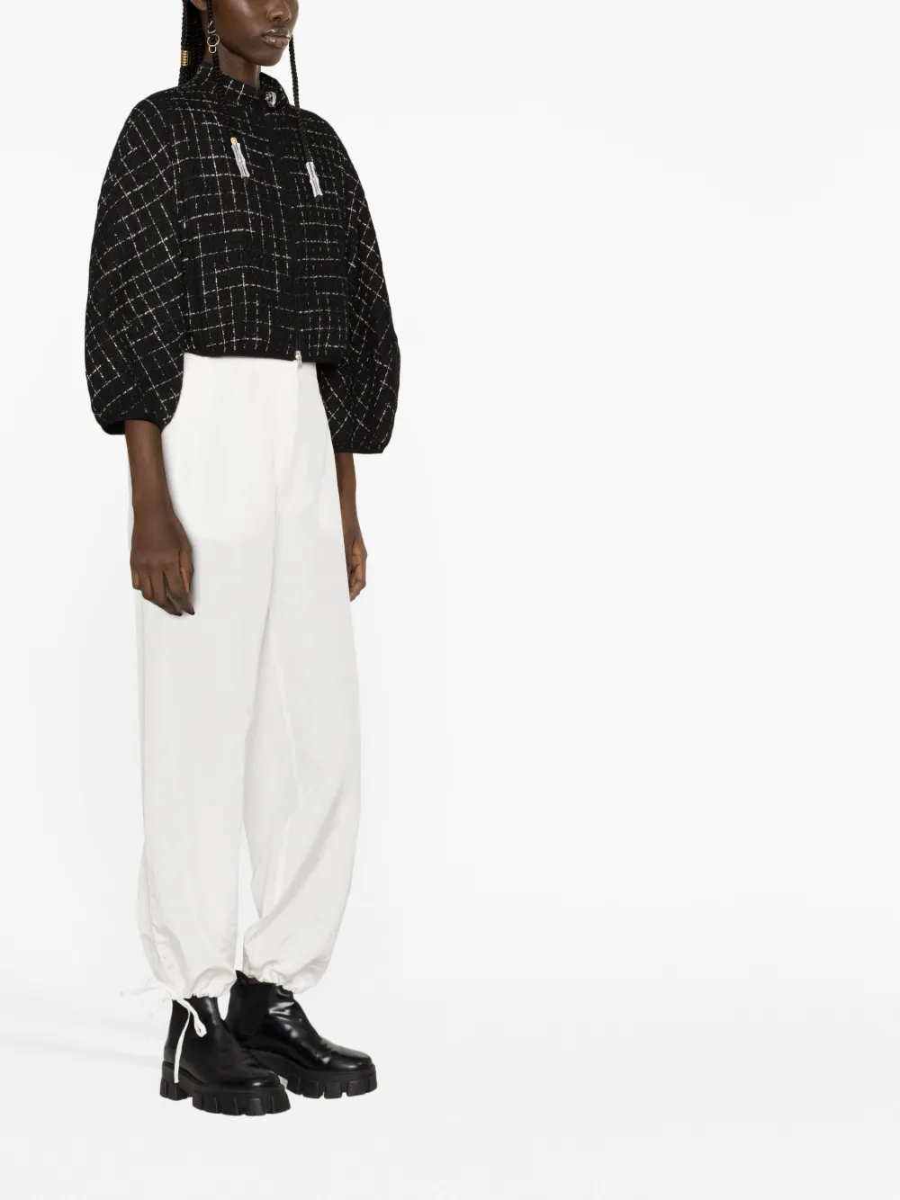 Herno Grid-patterned Cropped Zipped Jacket In Black