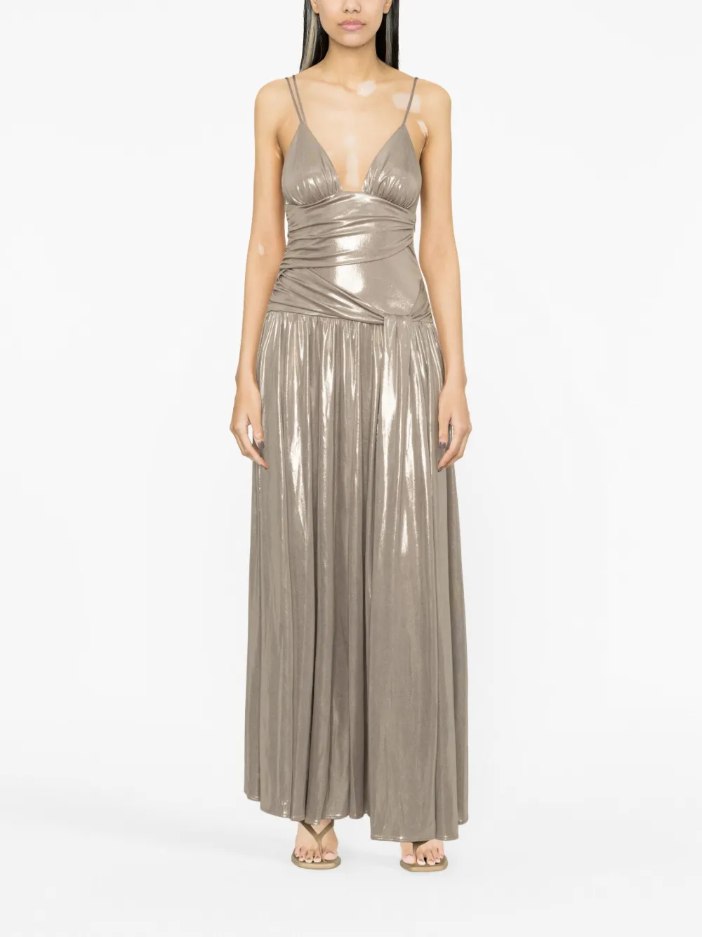 PINKO lamé flared long dress - Beige