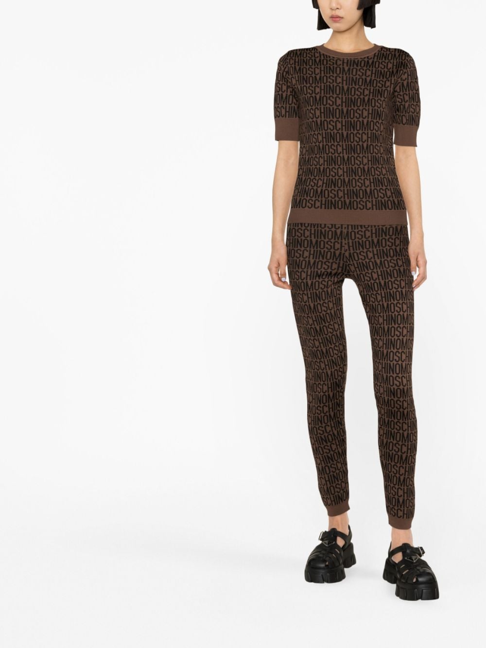 Shop Moschino Logo-printed Knitted Leggings In Brown