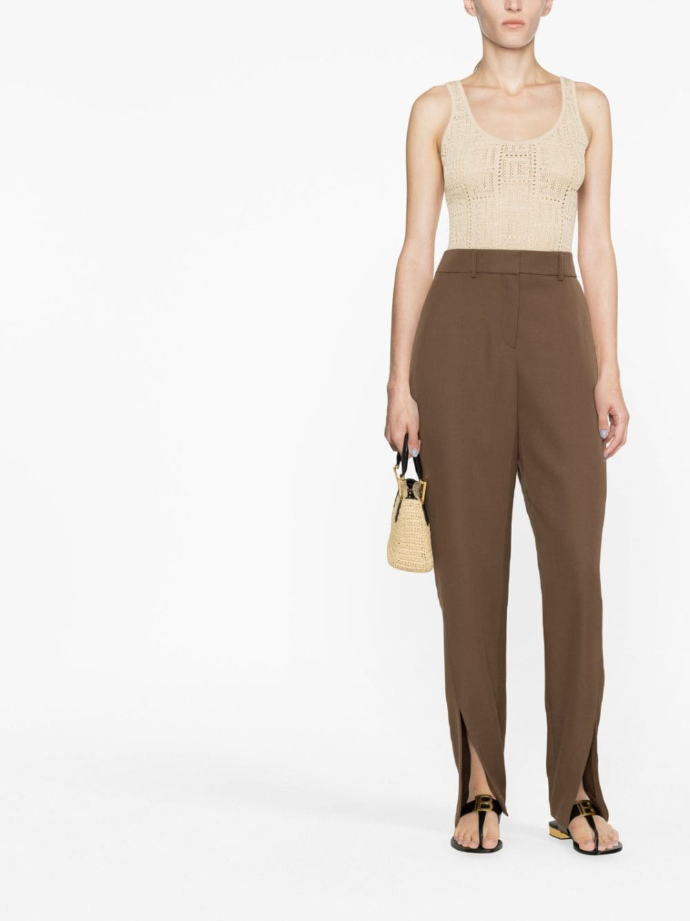 Shop Balmain Slit-detail Wool Tapered Trousers In Brown