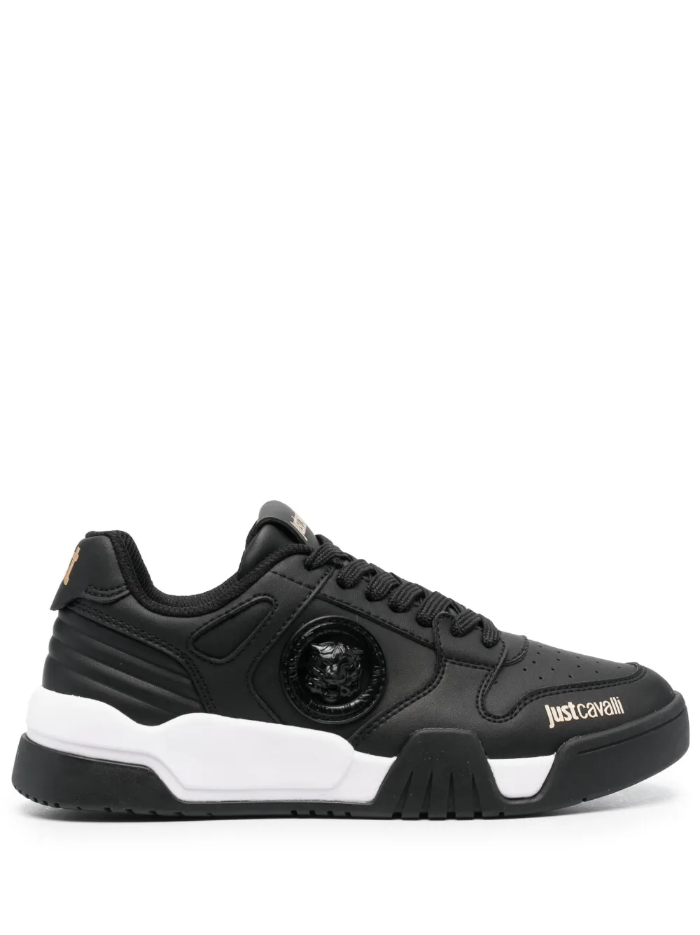 Just Cavalli Tiger Head Faux-leather Sneakers In Black
