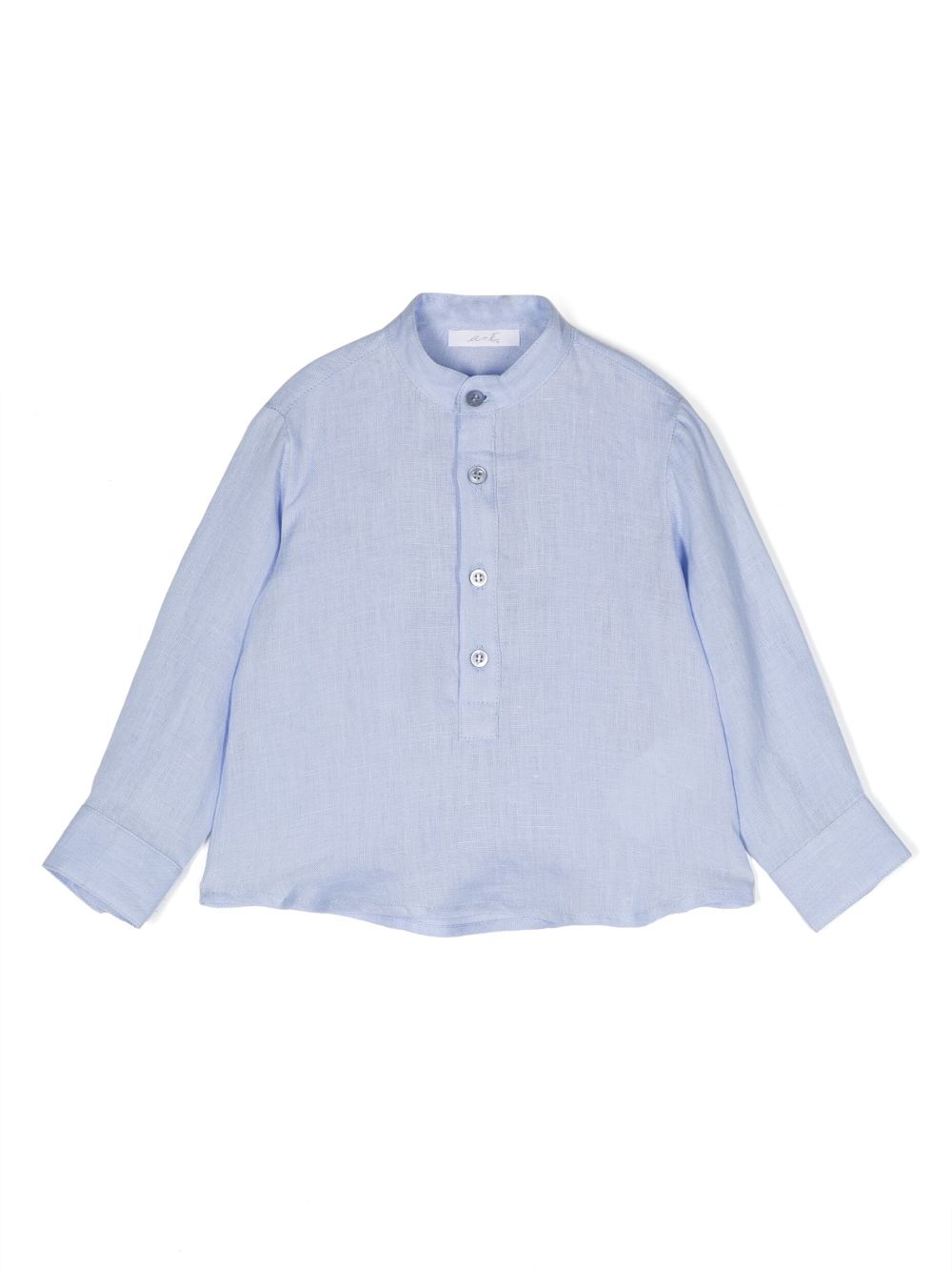 Miss Grant Kids' Long-sleeve Collarless Linen Shirt In Blue