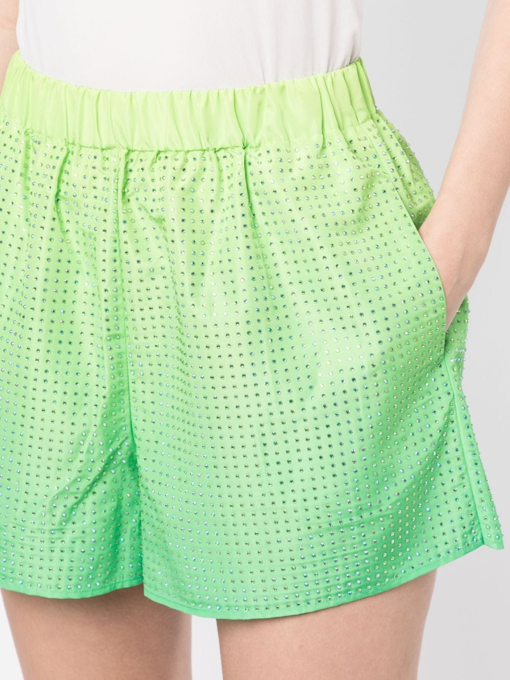Shop Self-portrait Rhinestone-embellished Elasticated-waist Shorts In Green