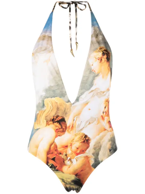 Roberto Cavalli Painting-print halterneck swimsuit