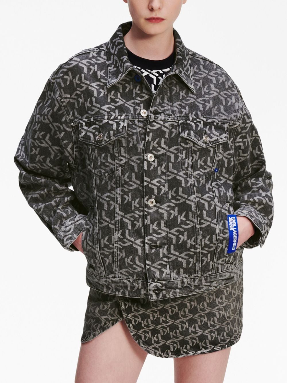 Shop Karl Lagerfeld Jeans Monogram-pattern Denim Jacket In Grey