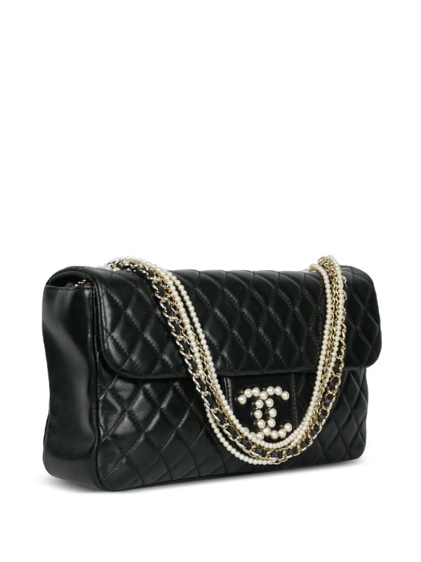 Chanel Vintage Pearl Chain Classic Double Flap Bag Quilted Tweed Medium   idusemiduedutr