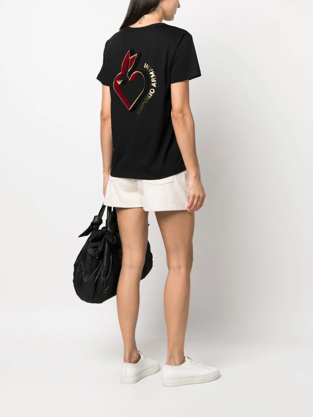 Emporio Armani velvet-heart organic-cotton T-shirt - Zwart