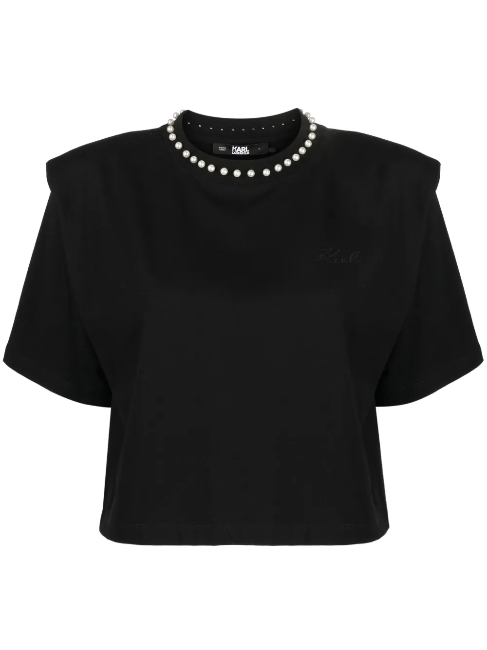 Karl Lagerfeld Faux-pearl Embellished Padded T-shirt In Black