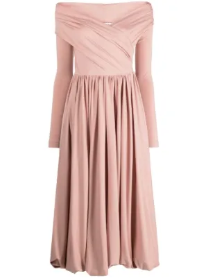 pinko ruched flared dress Pinko Lam Flared Long Dress In Neutrals