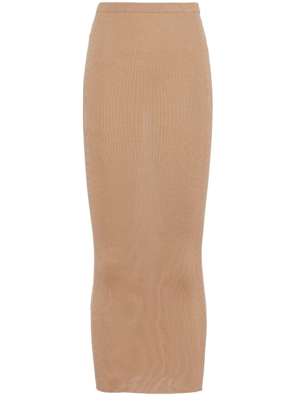 Shop Prada High-rise Ribbed Silk Skirt In Brown