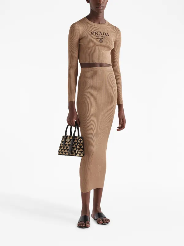 【プラダ・PRADA】Long silk knit skirt Prada high-rise Ribbed Silk Skirt | Neutrals | FARFETCH JO