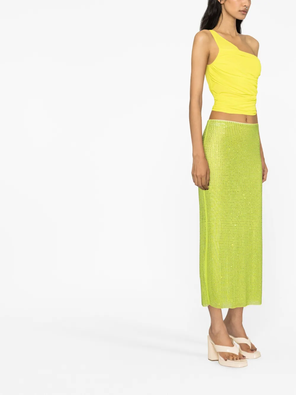 Self-portrait Rhinestone Mesh Midi Shirt In Green