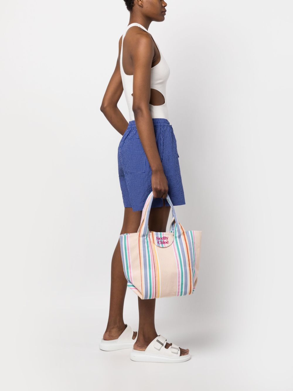 Image 2 of See by Chloé Laetizia striped cotton tote bag