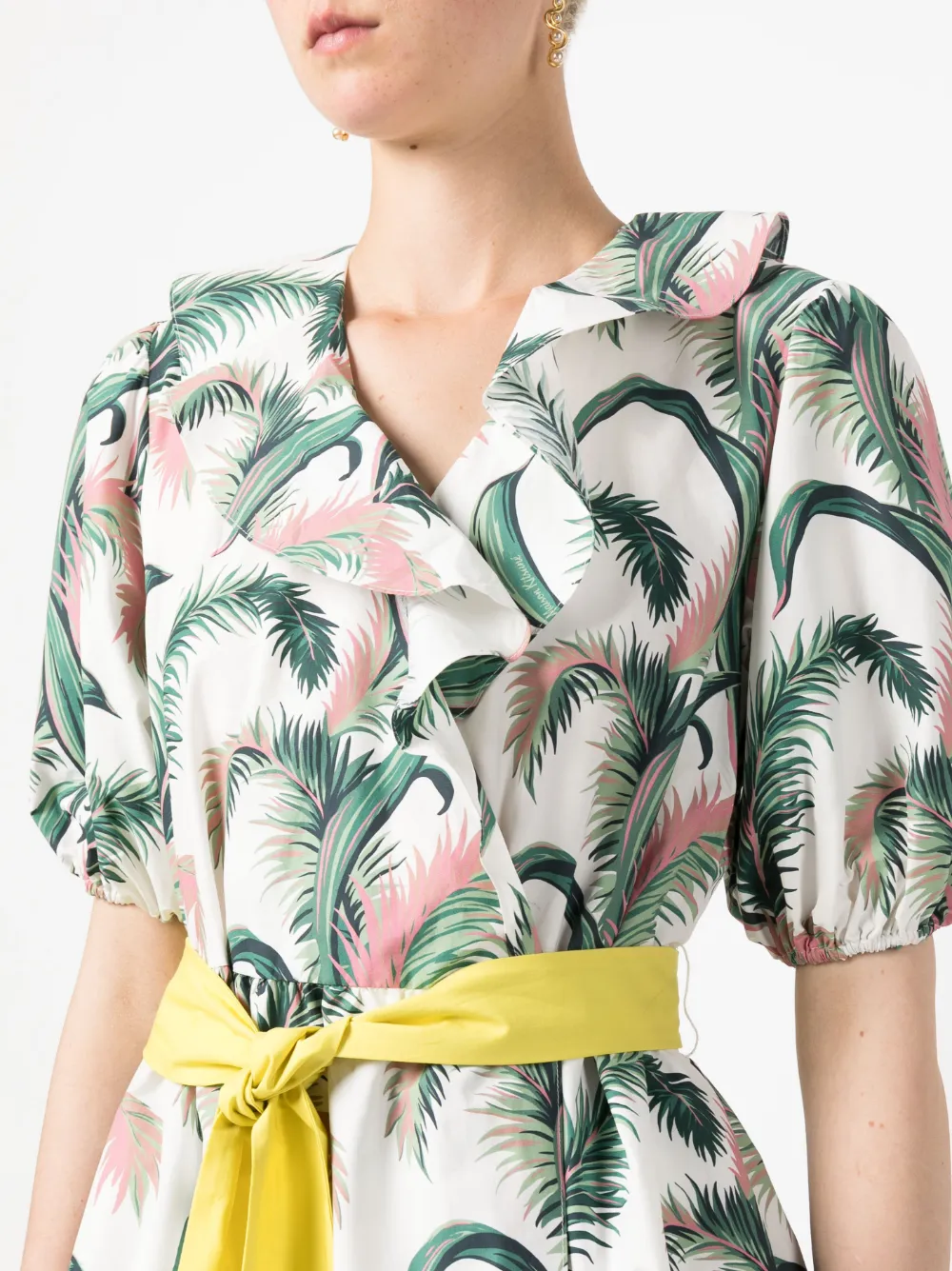 Maison Kitsuné Leaf-print Belted Wrap Dress In White
